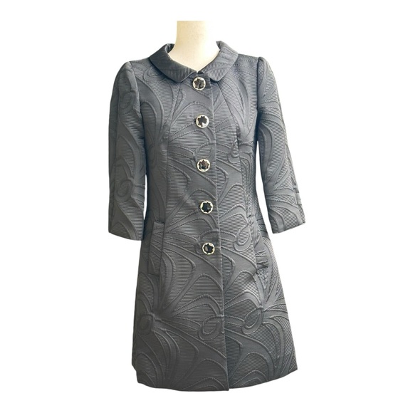 Milly Vintage Textured Black Jacquard Coat Green Lining 3/4 Sleeve Luxury Size 4 - Picture 2 of 15